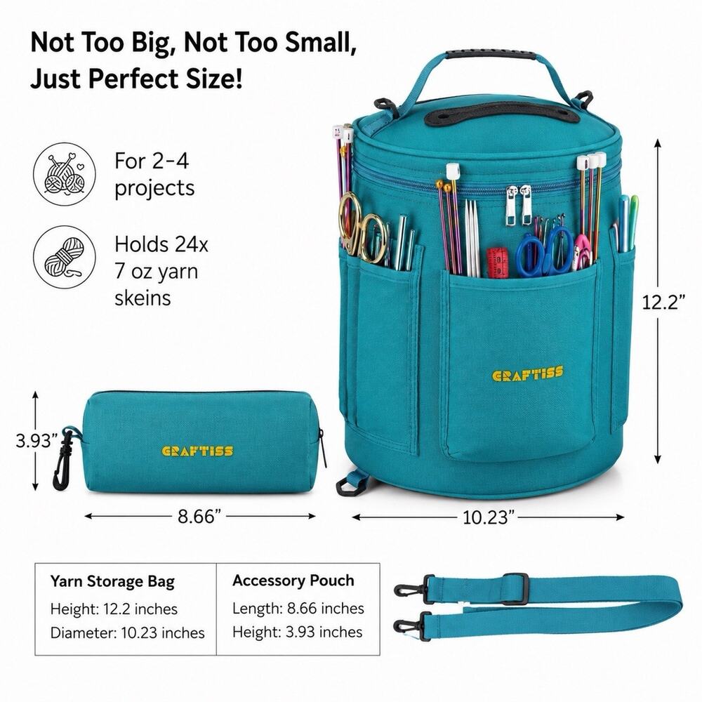 NEW Craftiss Yarn Storage Organizer Bag Crochet Knitting Tote Teal w/Accessories - Picture 2 of 5